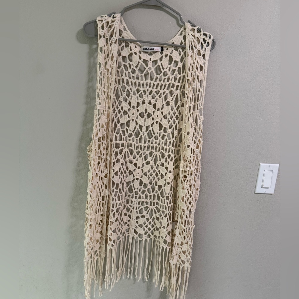 Origami Cream Crochet Fringe Open Vest Boho Festival Size F